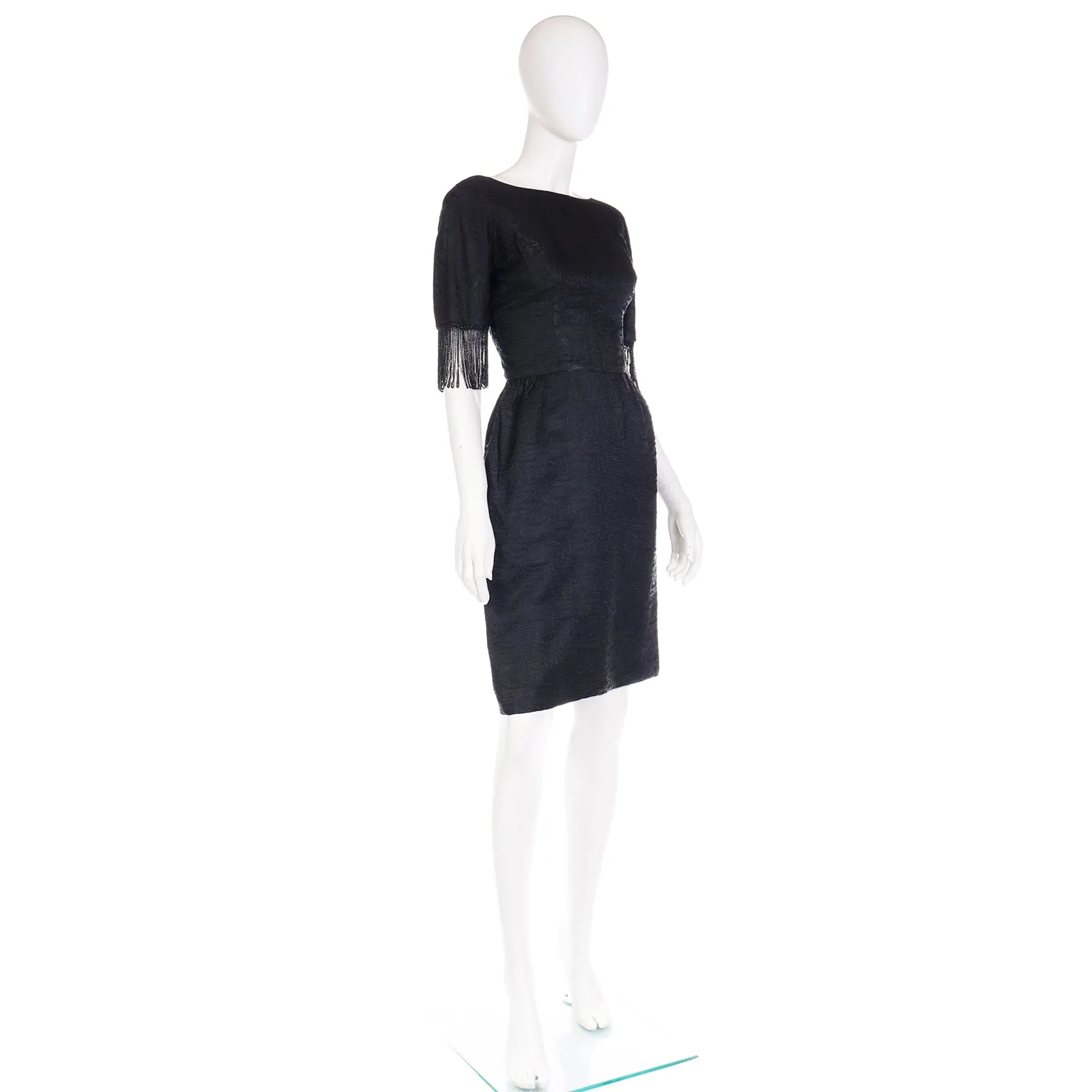 1960s Nicholas Unger Beaded Velvet Little Black Dress w Bateau Neckline