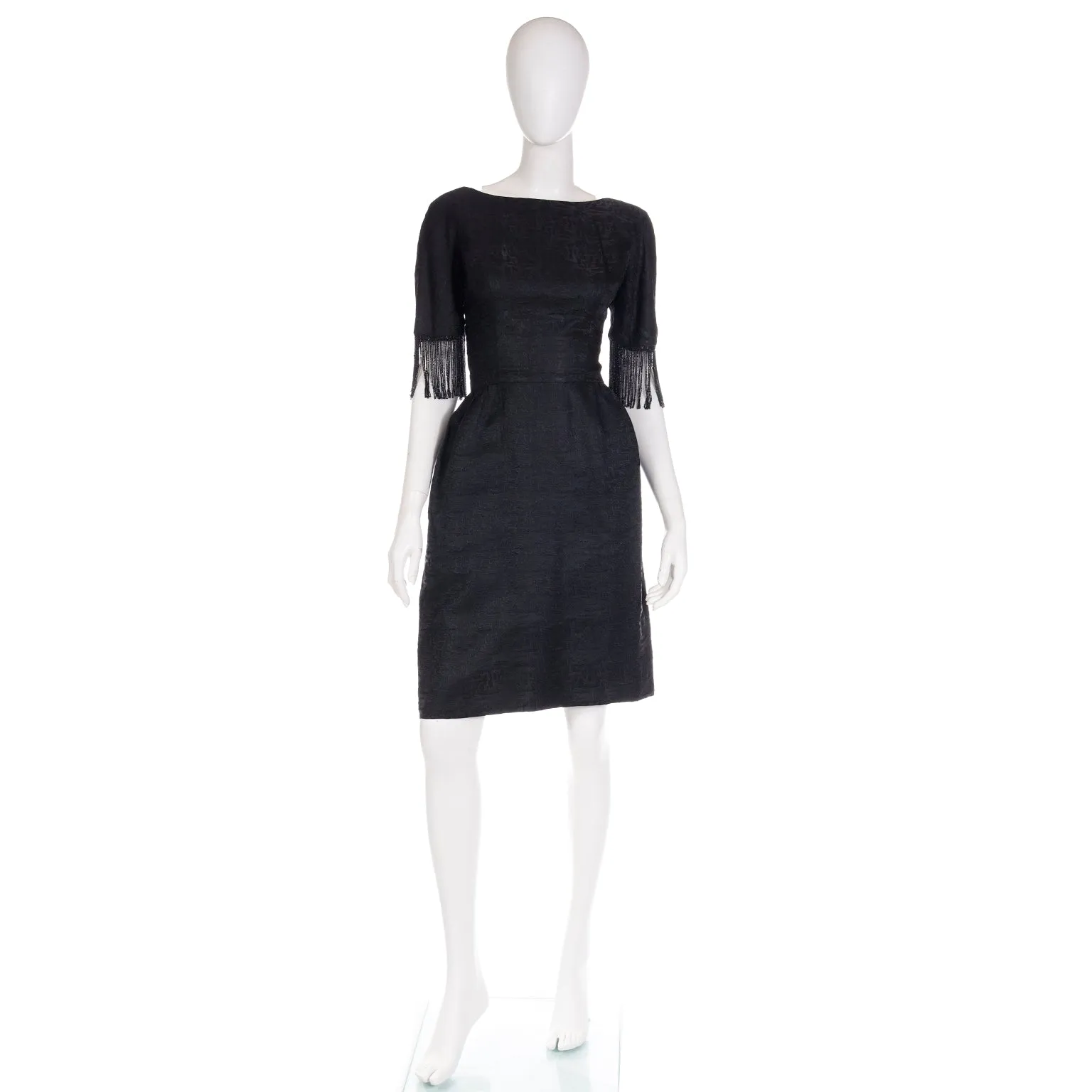 1960s Nicholas Unger Beaded Velvet Little Black Dress w Bateau Neckline