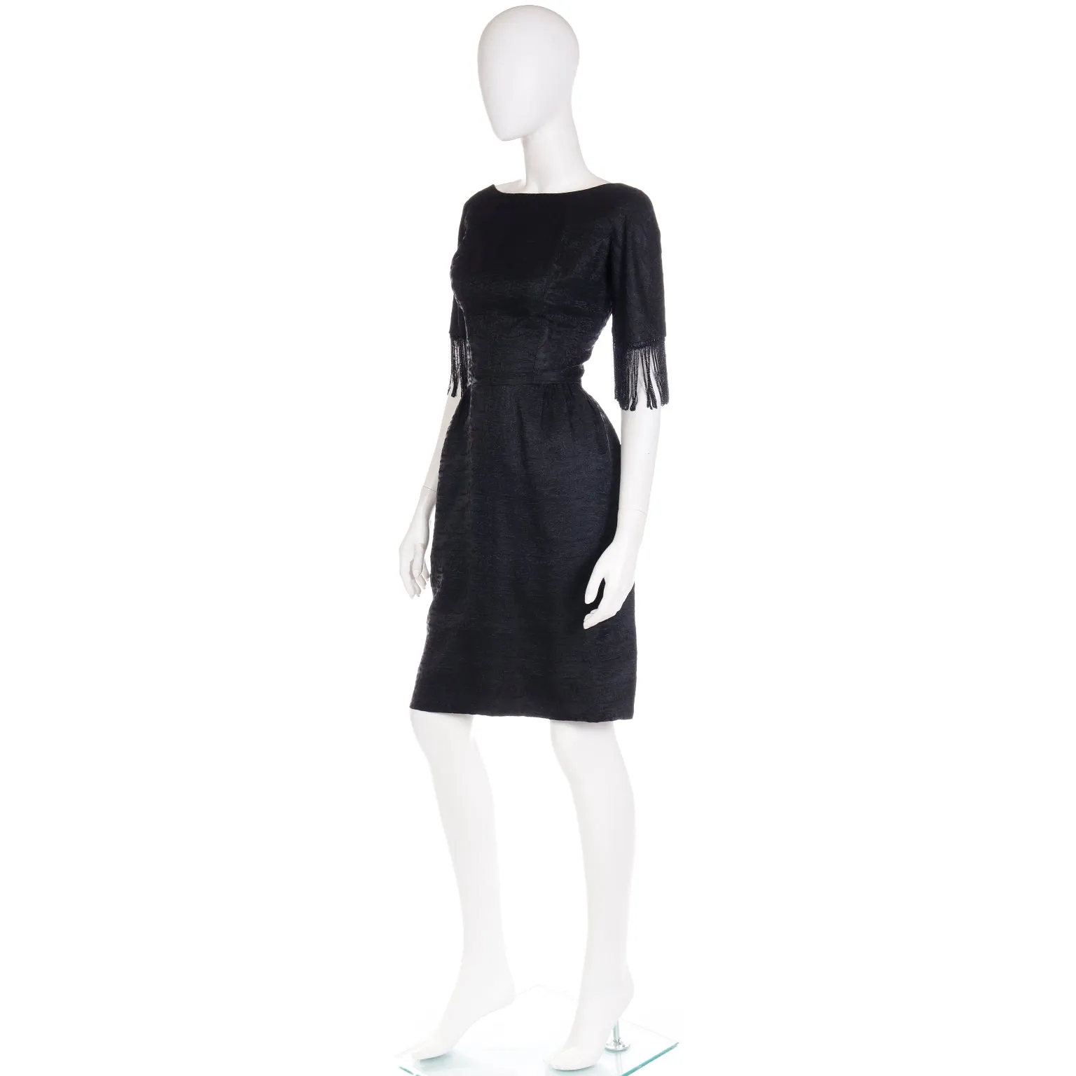 1960s Nicholas Unger Beaded Velvet Little Black Dress w Bateau Neckline