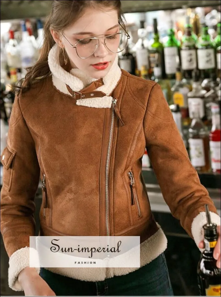 9 Faux Shearling Sheepskin Coat Women Leather thick Suede Jacket Wool Short Motorcycle Coats