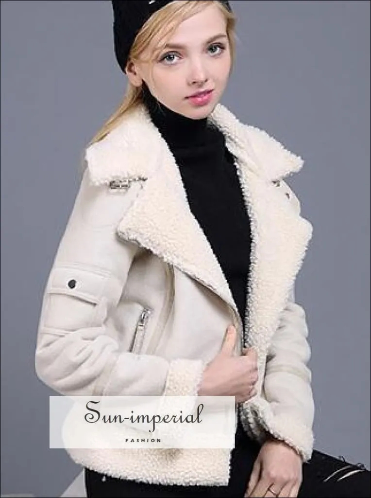 9 Faux Shearling Sheepskin Coat Women Leather thick Suede Jacket Wool Short Motorcycle Coats