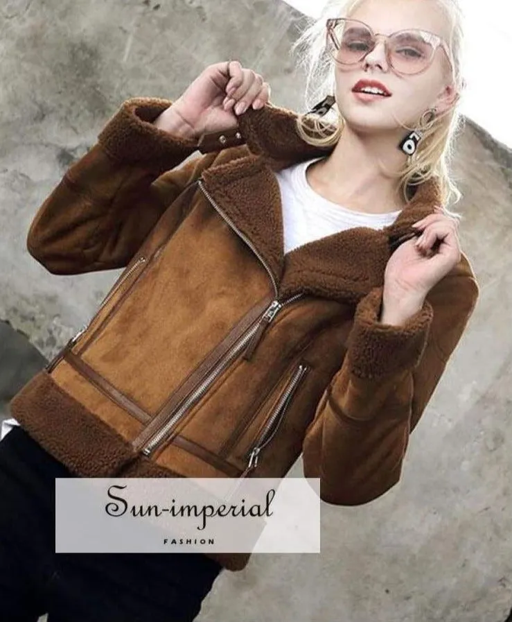 9 Faux Shearling Sheepskin Coat Women Leather thick Suede Jacket Wool Short Motorcycle Coats