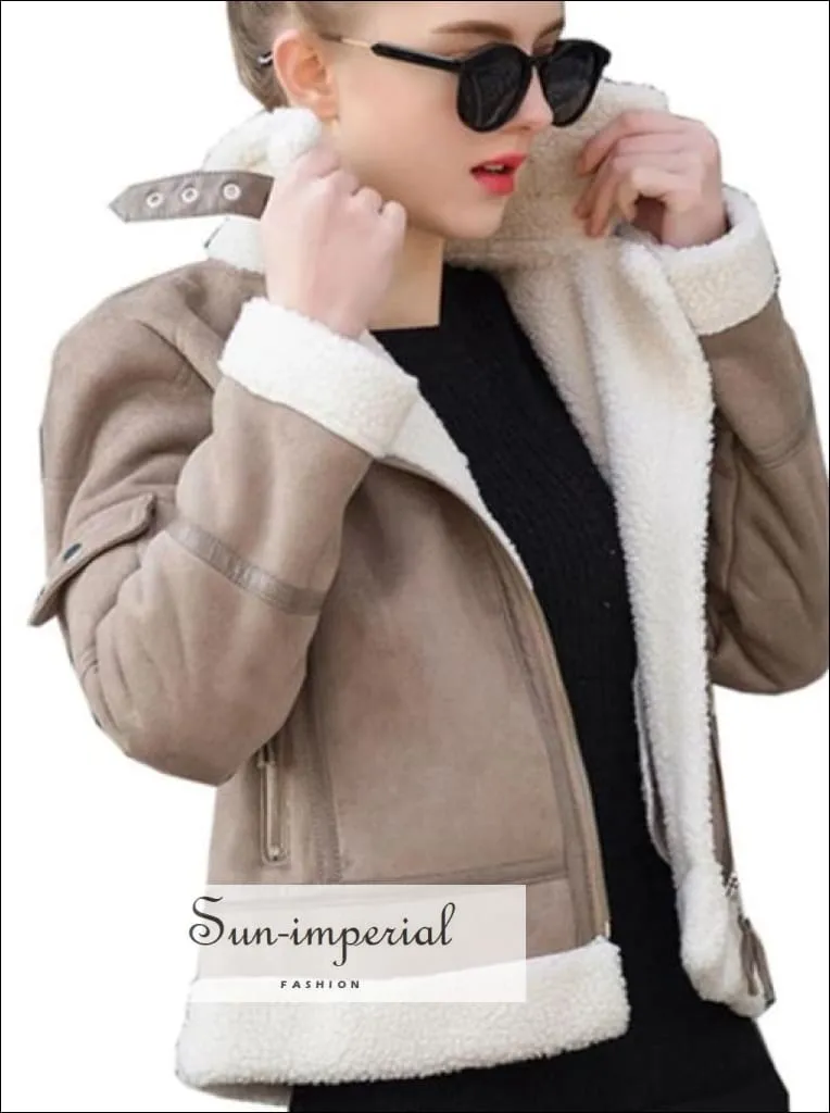 9 Faux Shearling Sheepskin Coat Women Leather thick Suede Jacket Wool Short Motorcycle Coats