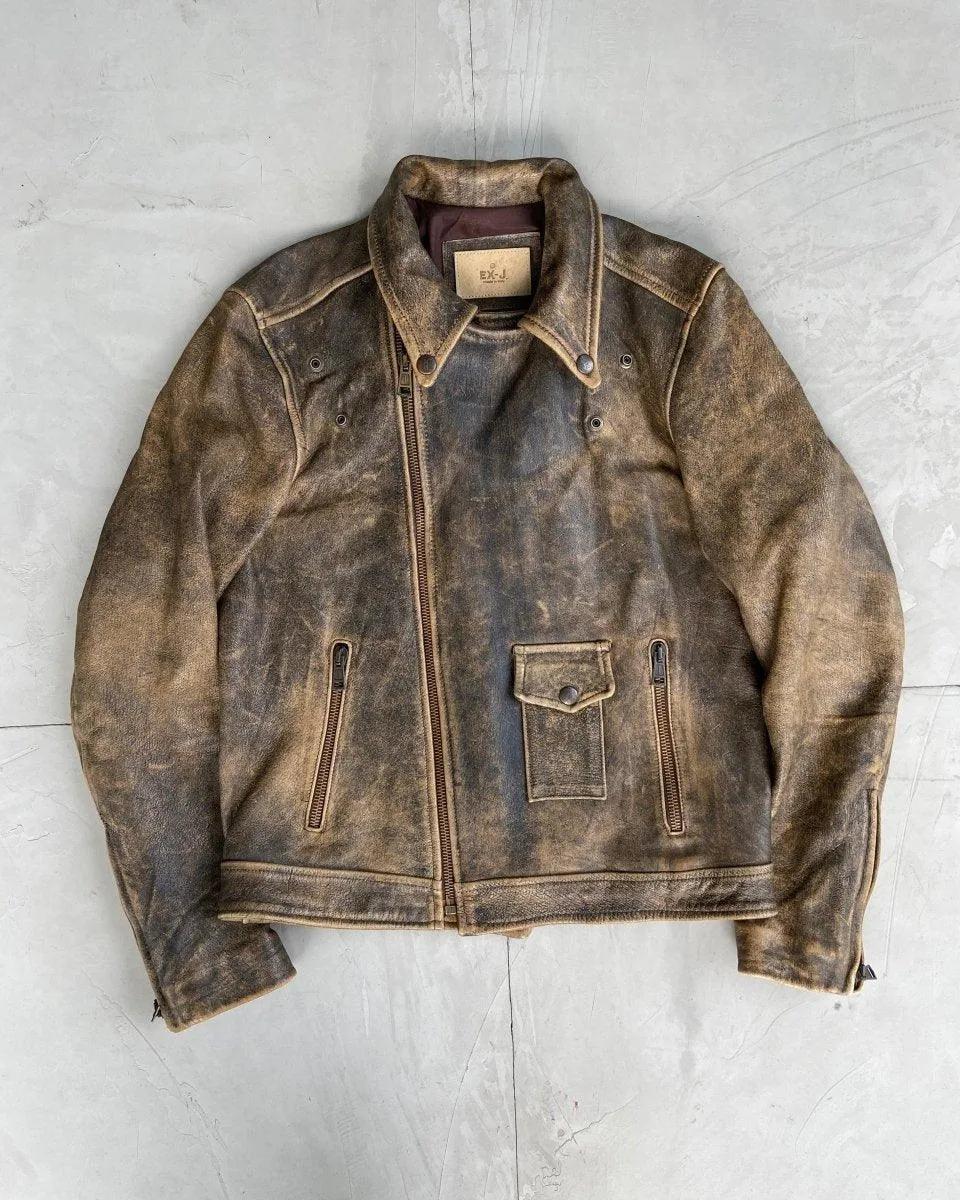 90'S WASHED LEATHER BIKER JACKET - L