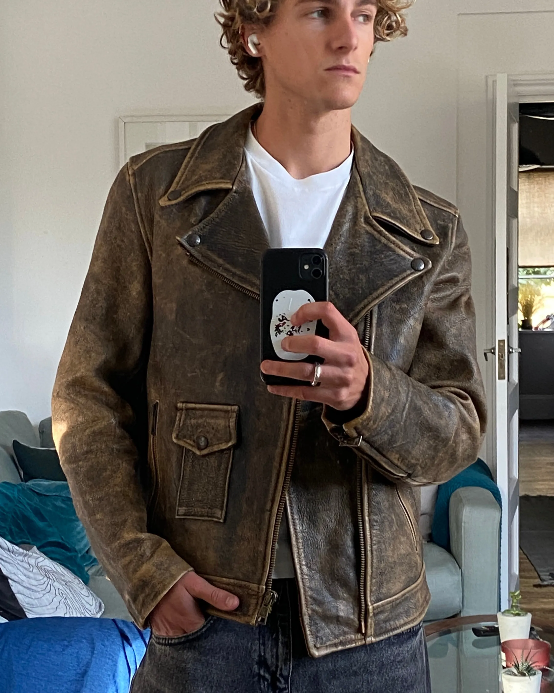 90'S WASHED LEATHER BIKER JACKET - L