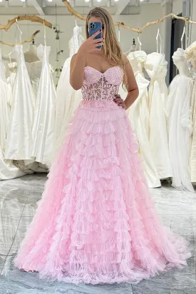 A Line Strapless Pink Lace Ruffle Long Prom Dress, Pink Lace Formal Dress, Pink Evening Dress A2110