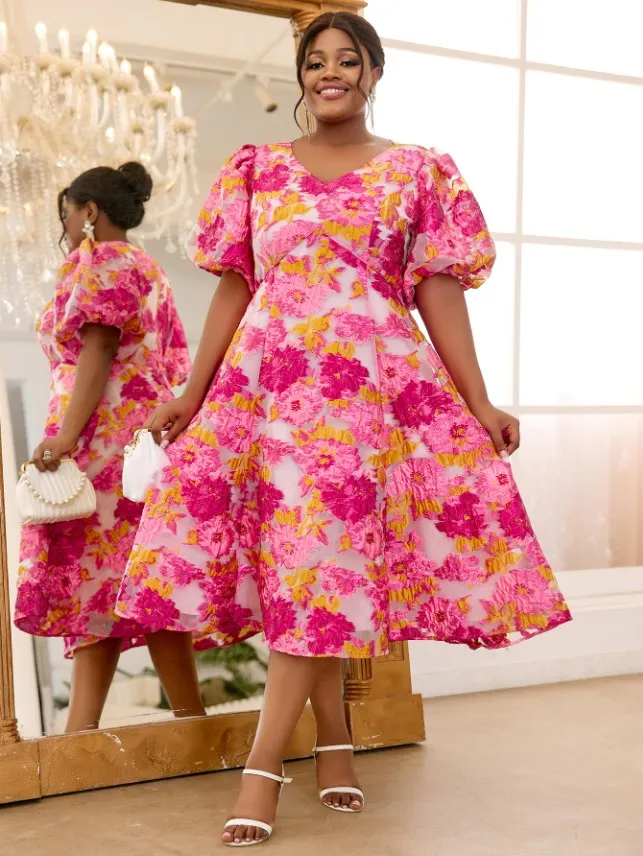 AOMEIDRESS V Neck Puff Sleeve Floral Pink Jacquard A Line Dress