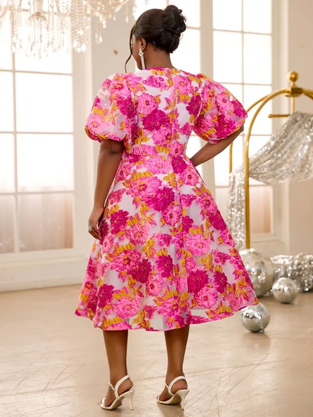 AOMEIDRESS V Neck Puff Sleeve Floral Pink Jacquard A Line Dress