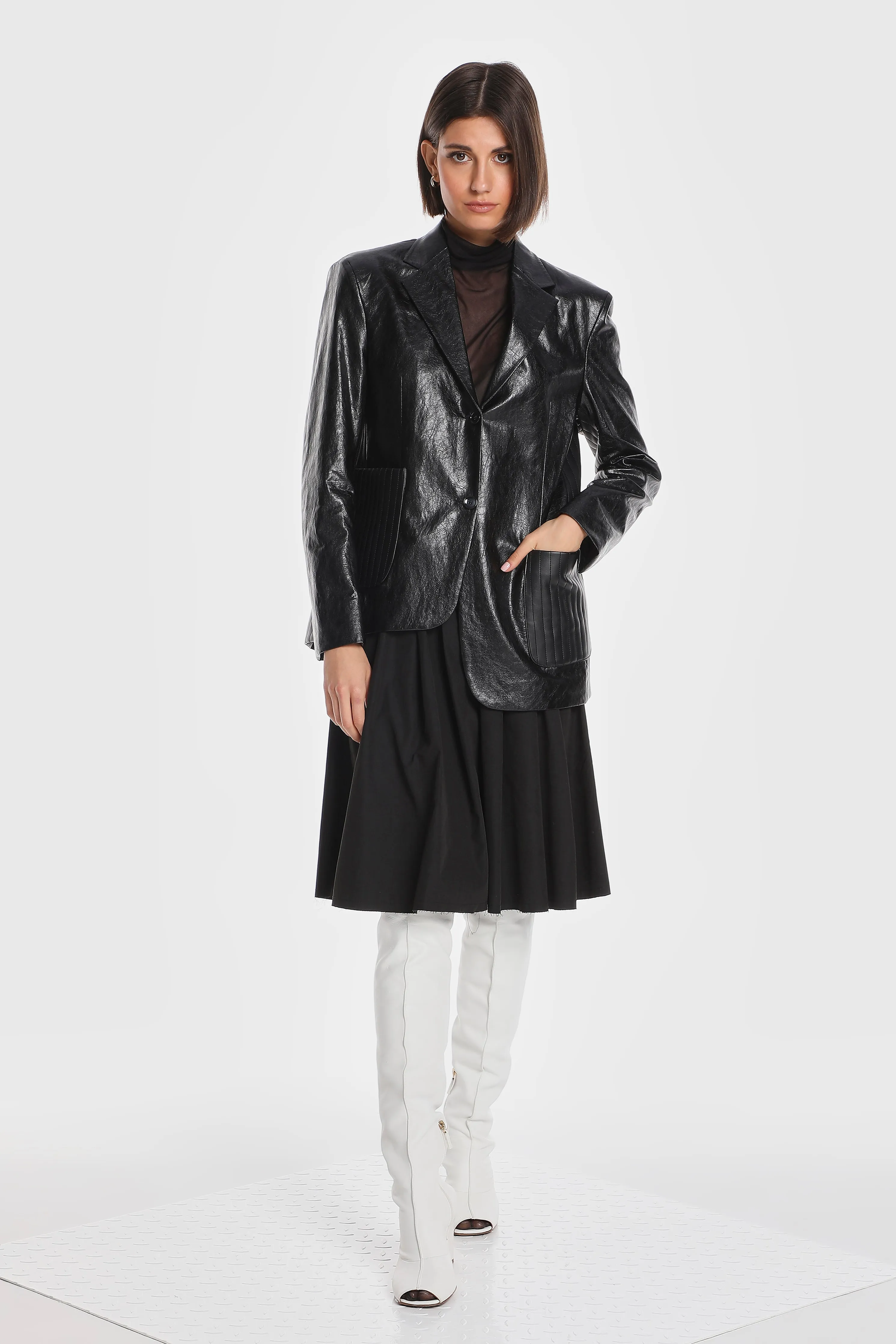 ASYMMETRIC QUILTED VEGAN LEATHER BLAZER