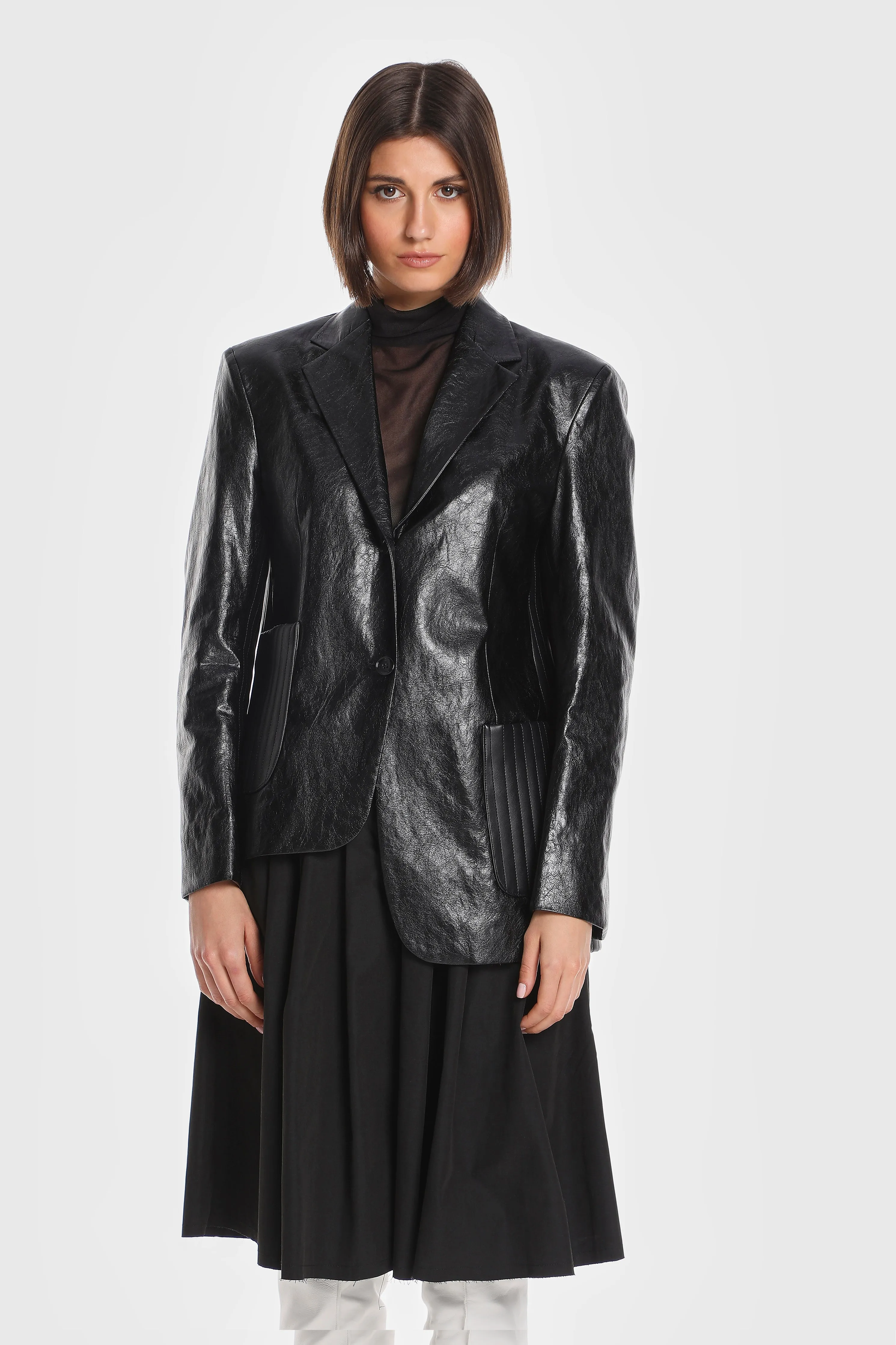 ASYMMETRIC QUILTED VEGAN LEATHER BLAZER