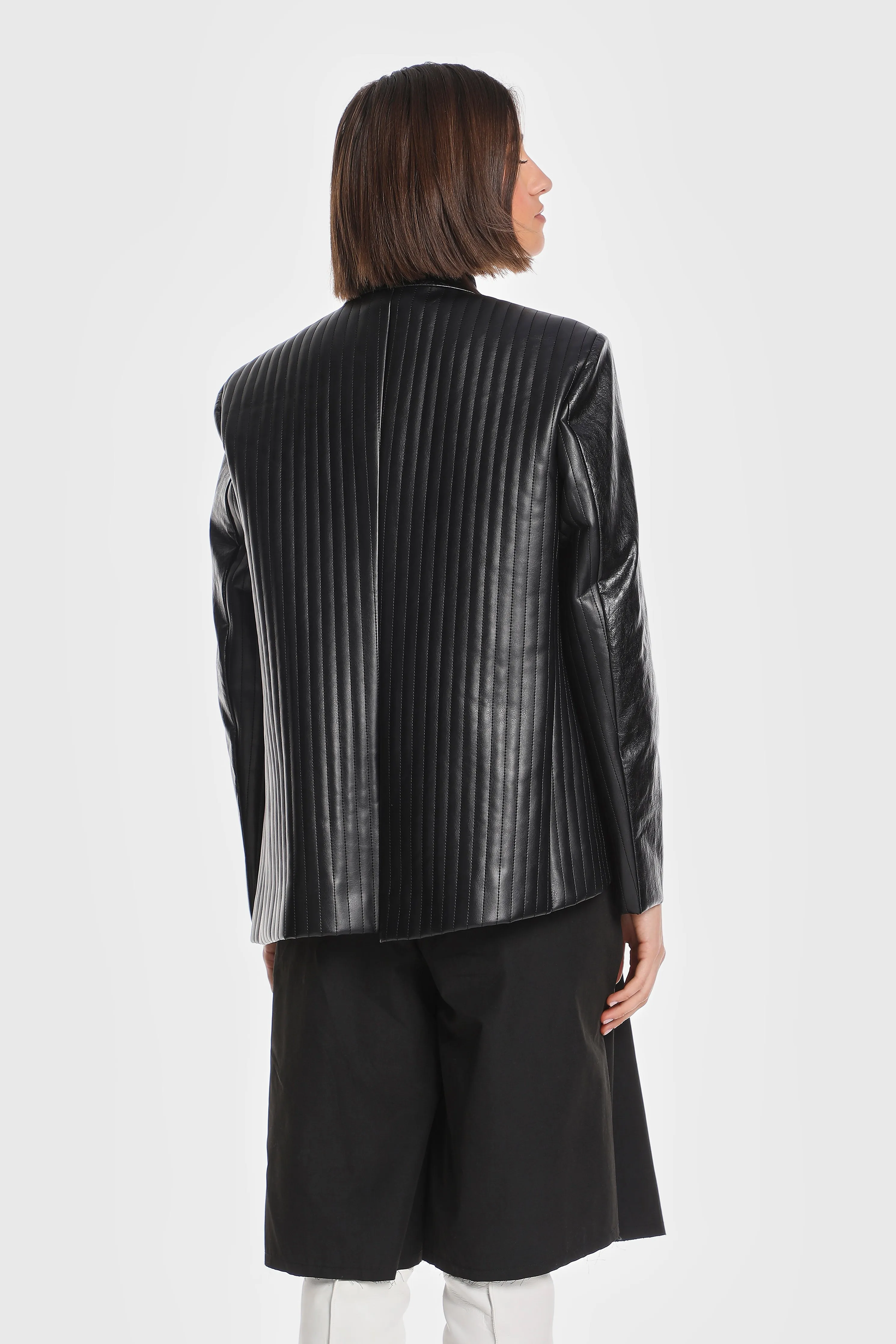 ASYMMETRIC QUILTED VEGAN LEATHER BLAZER