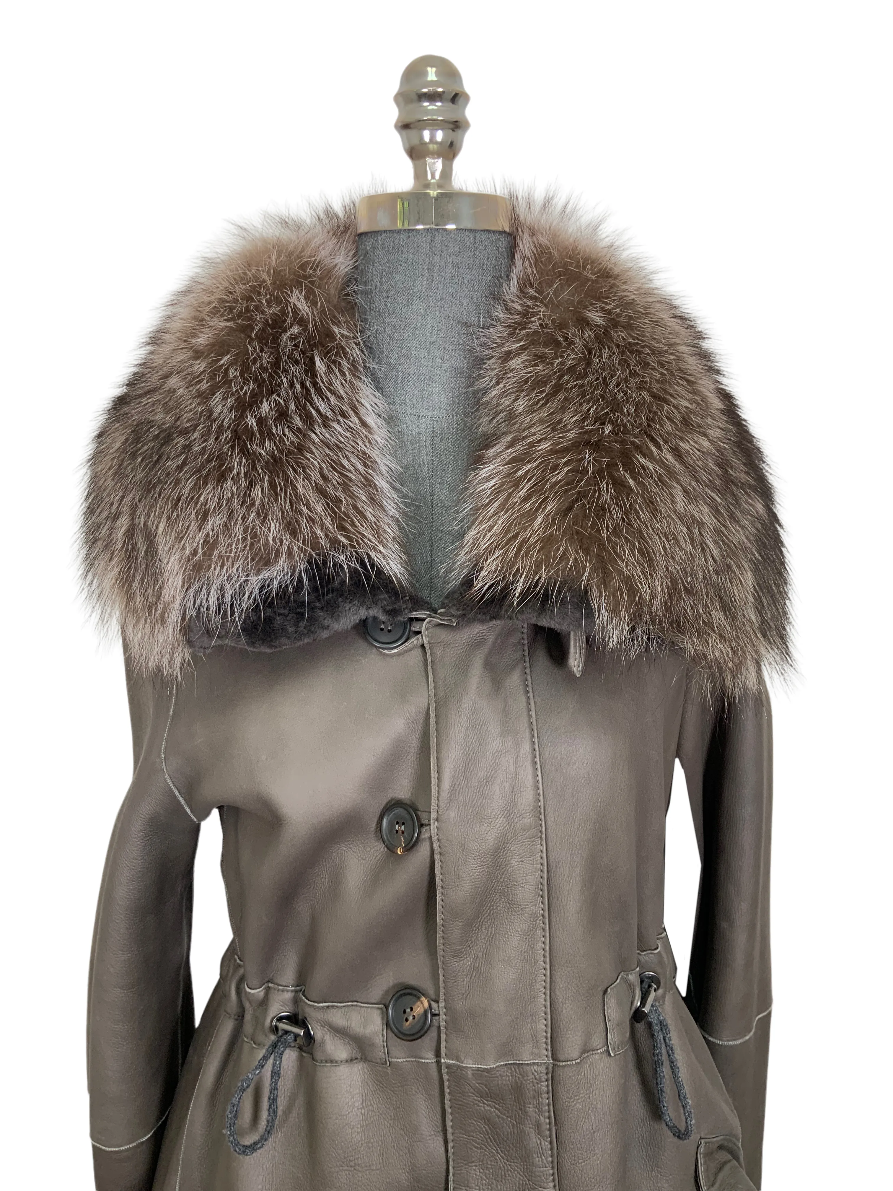 Brunello Cucinelli Leather Racoon Fur Parka Jacket with Racoon Fur Size M