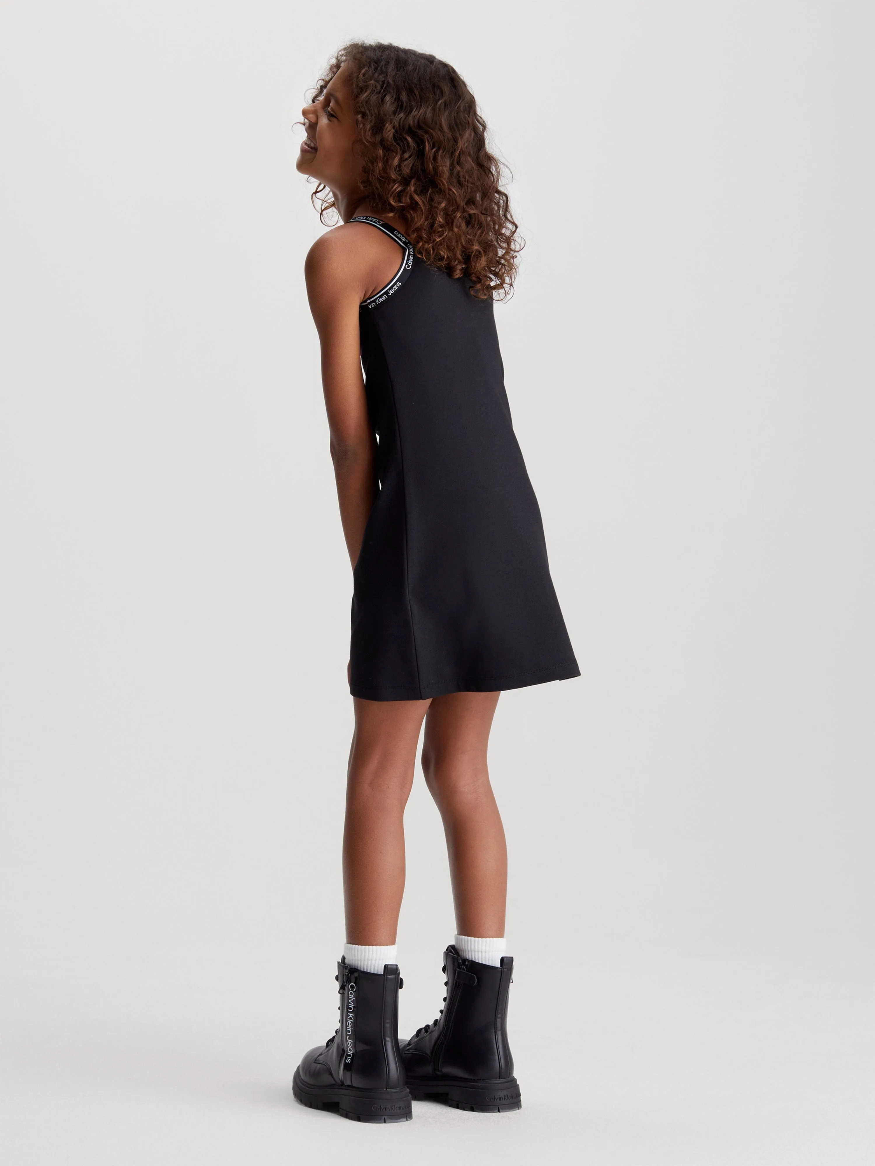 Calvin Klein Girls Logo Tape Strap Punto Dress in Black