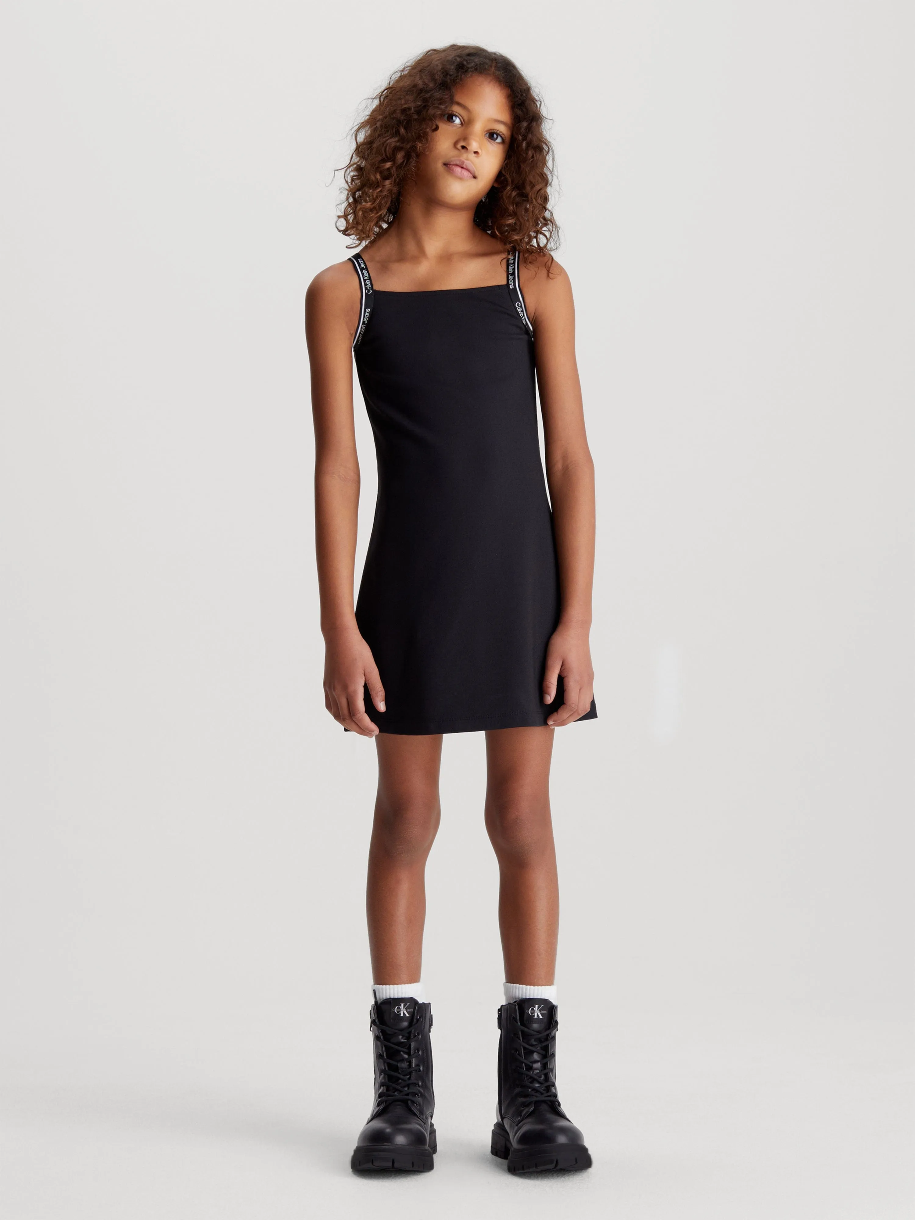 Calvin Klein Girls Logo Tape Strap Punto Dress in Black