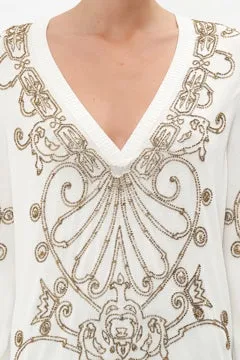 CAMILLA ARMADA EMBELLISHED V NECK KNIT IN WHITE