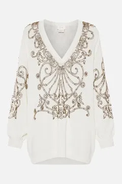 CAMILLA ARMADA EMBELLISHED V NECK KNIT IN WHITE