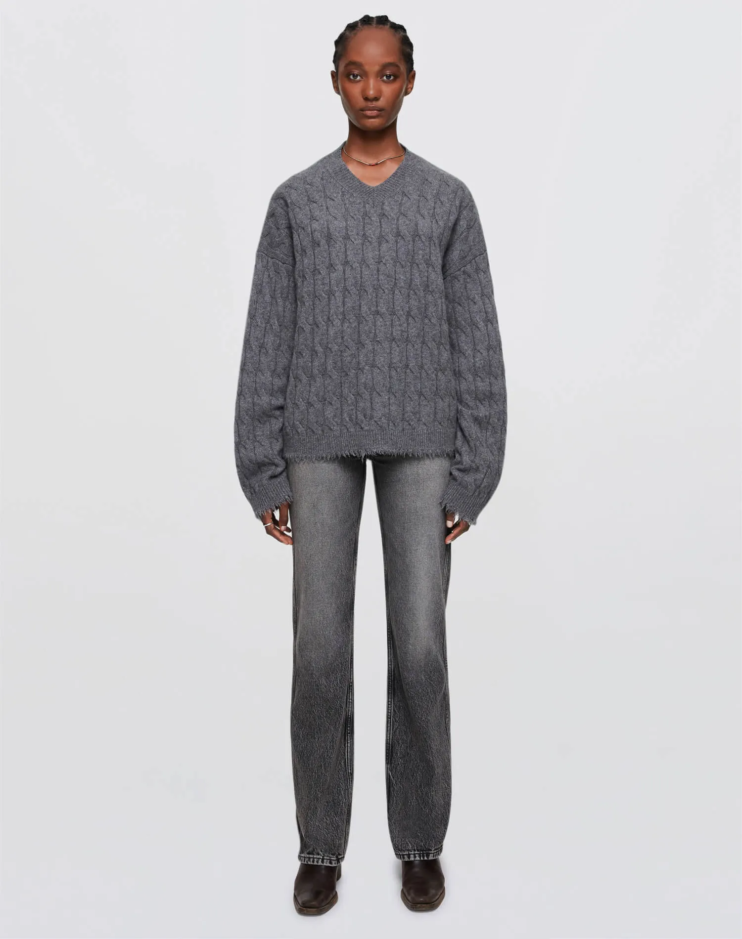 Cashmere Cable V Neck Pullover - Grey Heather