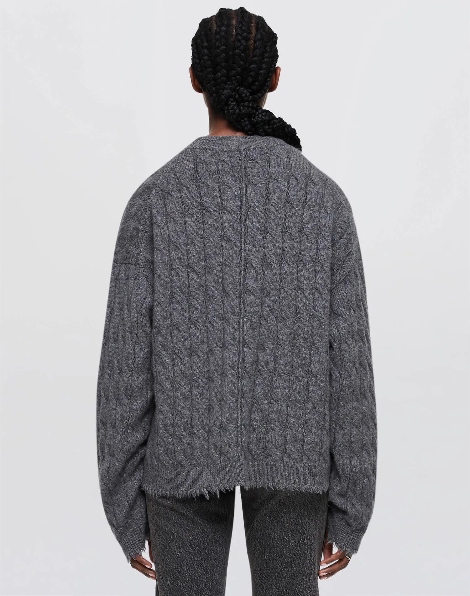 Cashmere Cable V Neck Pullover - Grey Heather