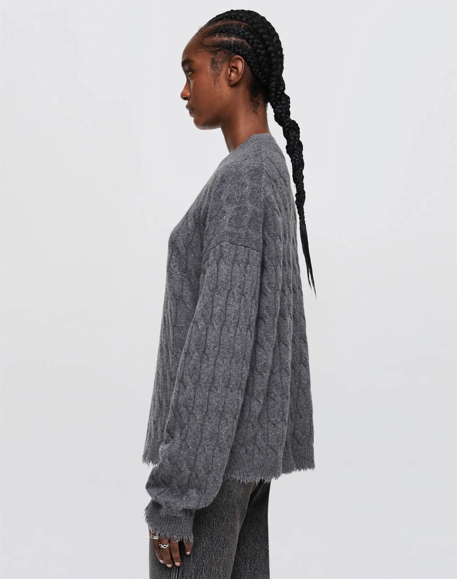 Cashmere Cable V Neck Pullover - Grey Heather