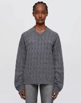 Cashmere Cable V Neck Pullover - Grey Heather