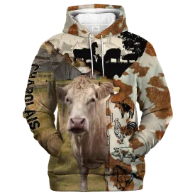 Charolais Fur Pattern On The Farm Hoodie, Cute Cow Hoodie 3D All Over Print