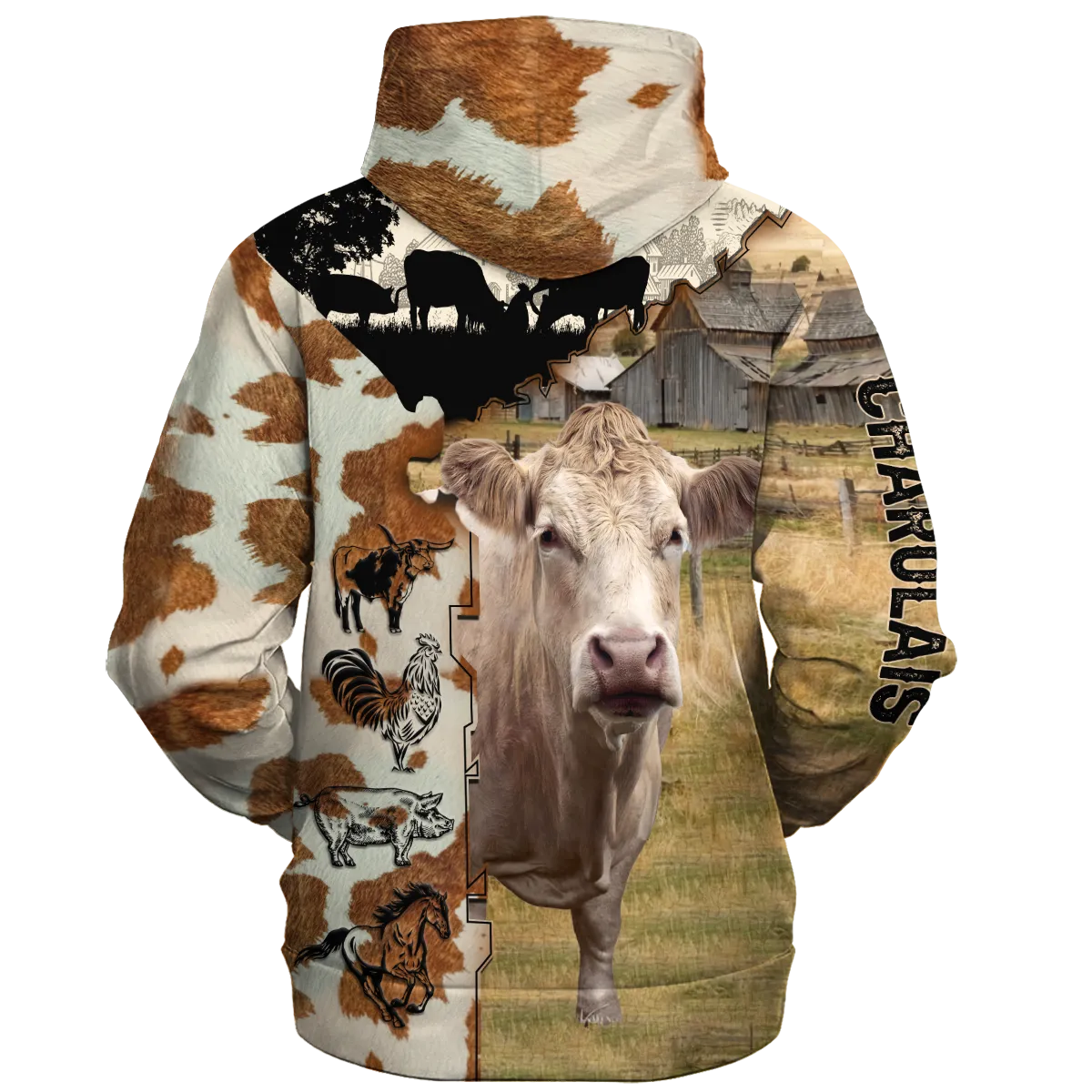 Charolais Fur Pattern On The Farm Hoodie, Cute Cow Hoodie 3D All Over Print