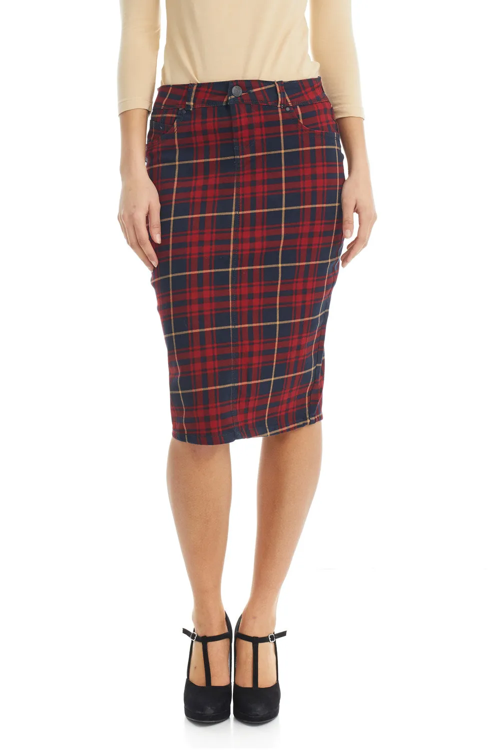 Classic Plaid Below Knee Length Jean Pencil Skirt 'Melrose'