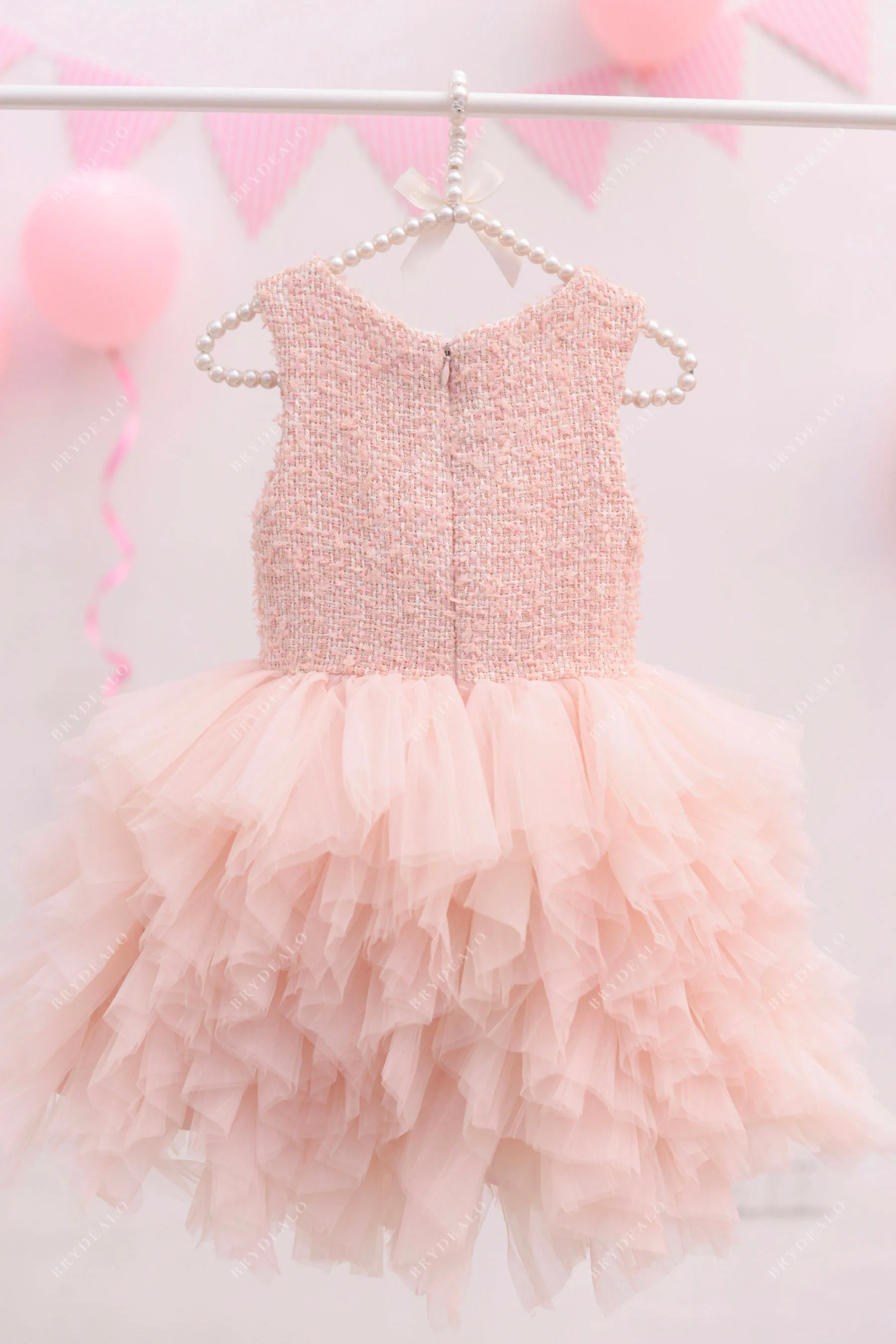 Designer Ruffled Pearl Pink Tiered Tulle Kids Birthday Dress