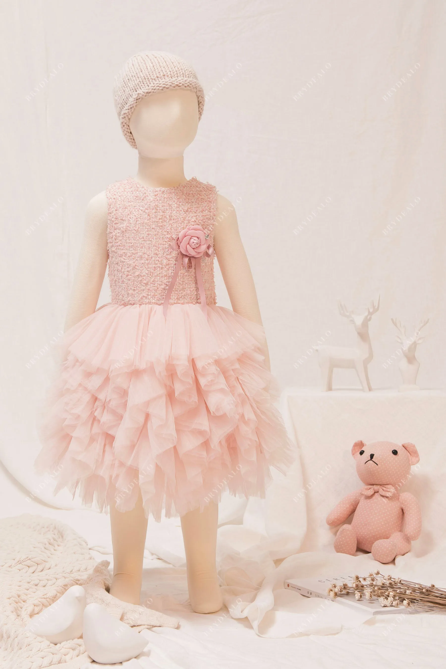 Designer Ruffled Pearl Pink Tiered Tulle Kids Birthday Dress