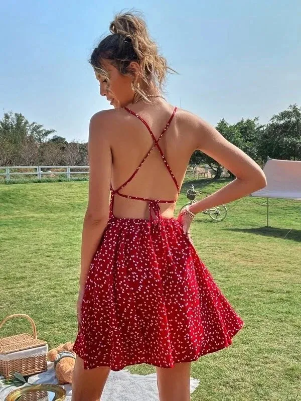 Dot Print Summer Mini Dress Women Back Lacing Straps Backless Cami Dress Print Boho Beach Dress High Waist Suspender Sexy Dress