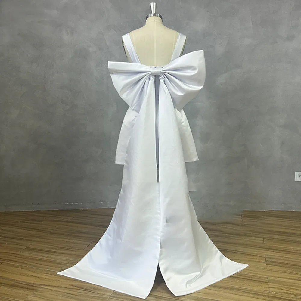 DREAM Satin Short Backless Wedding Dress with Square Collar Detachable Bow