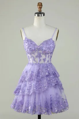 Glitter Lace Corset Ruffle Tiered Lavender Homecoming Dress PD503