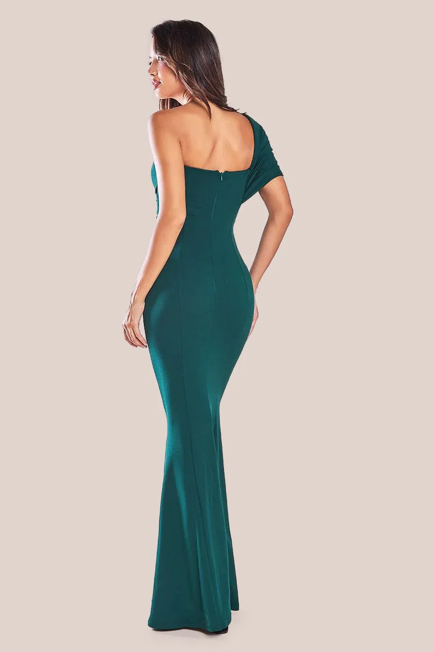 Goddiva One Shoulder Fan Maxi Dress - Emerald Green