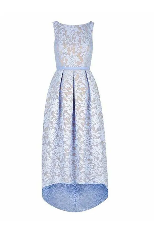 High Low Bateau Sleeveless Light Sky Blue Lace Bridesmaid Dress  BD046