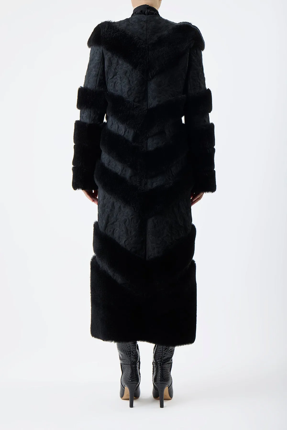 Hugh Embroidered Coat in Black Suede with Shearling