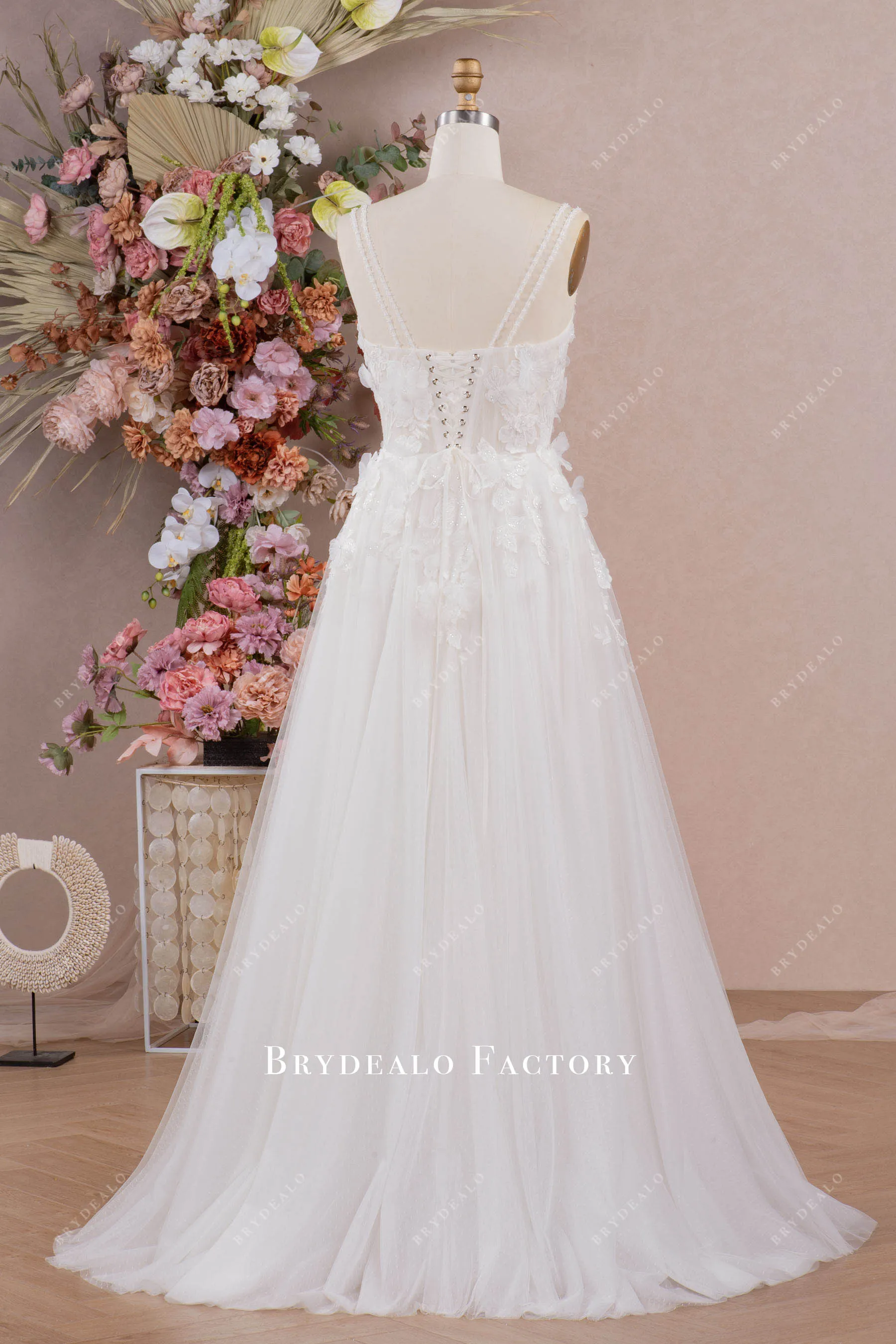 Illusion Corset Designer 3D Flowers Boho A-line Bridal Dress