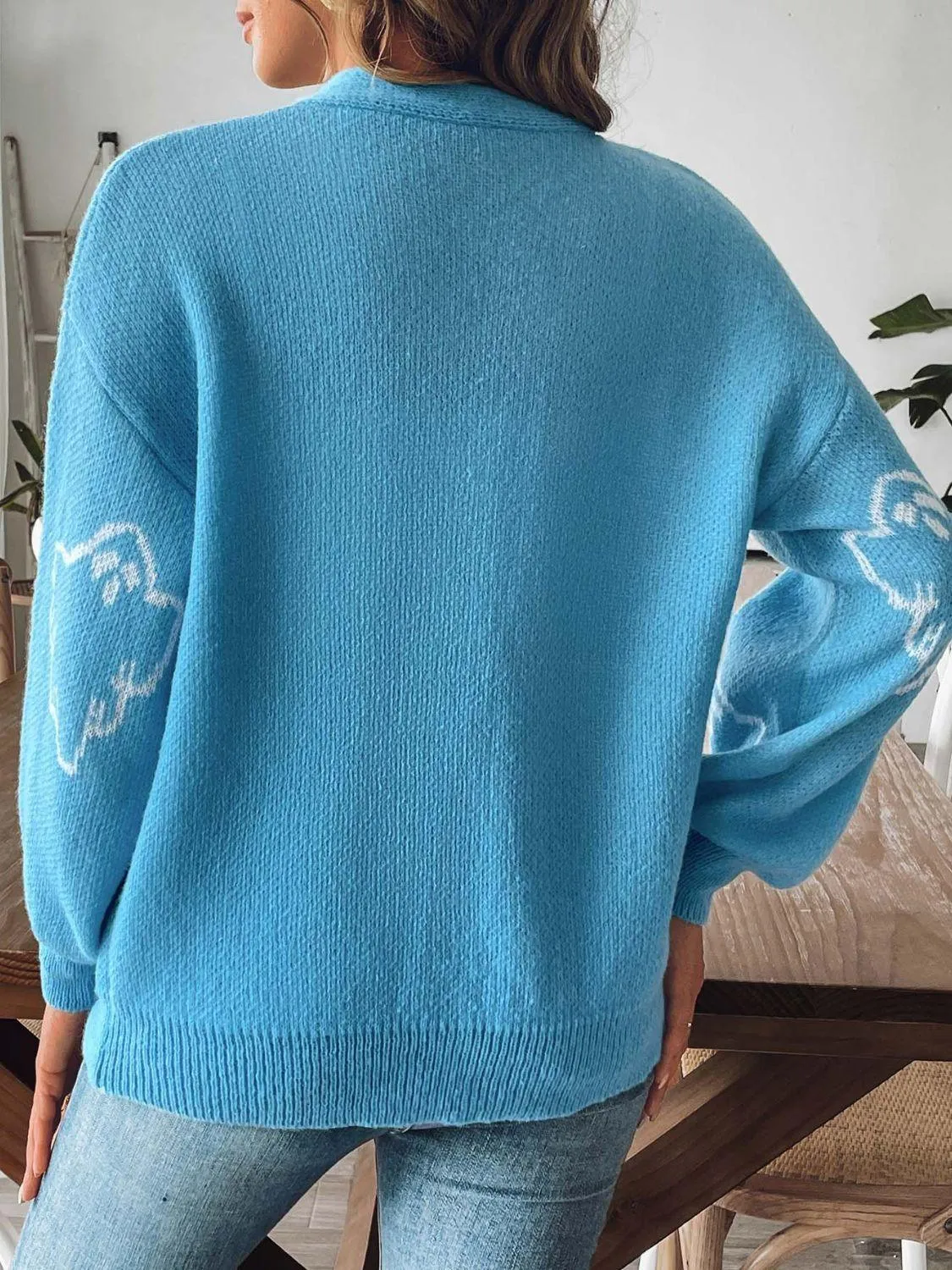 Knit Cardigan Animal Pattern V-Neck Dropped Shoulder Knitwear