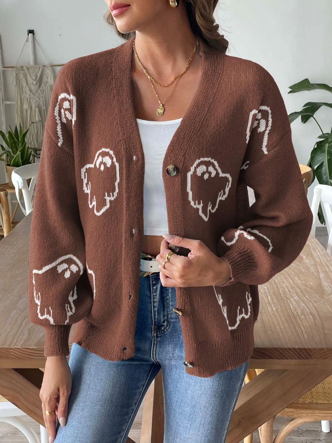 Knit Cardigan Animal Pattern V-Neck Dropped Shoulder Knitwear