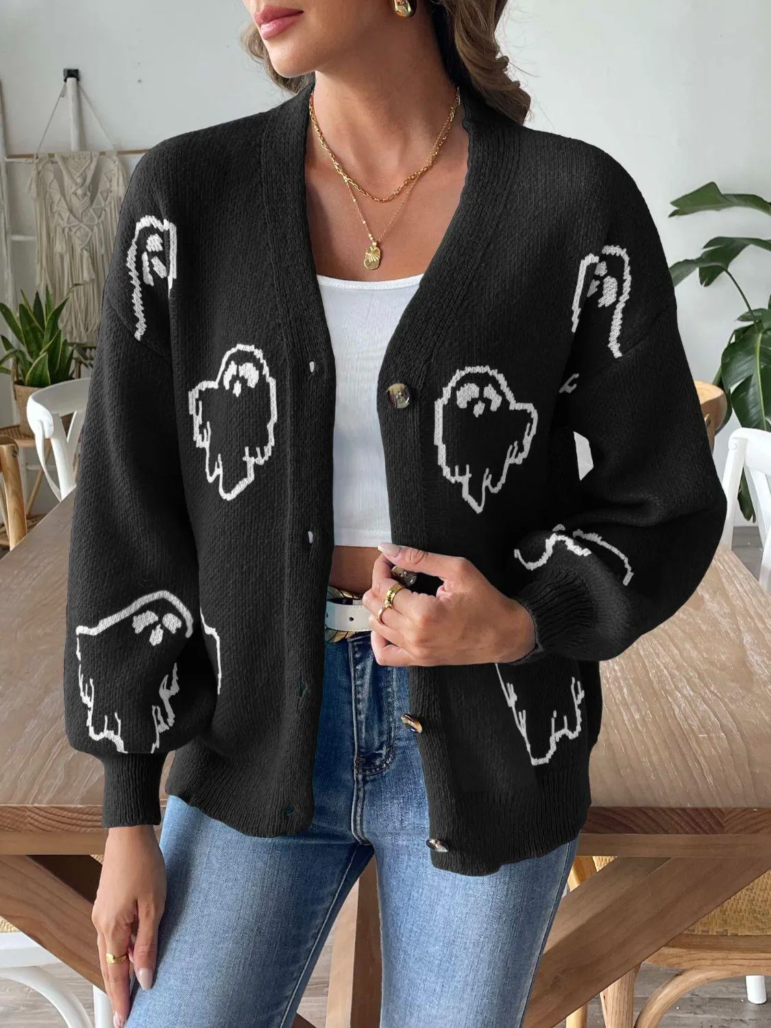 Knit Cardigan Animal Pattern V-Neck Dropped Shoulder Knitwear