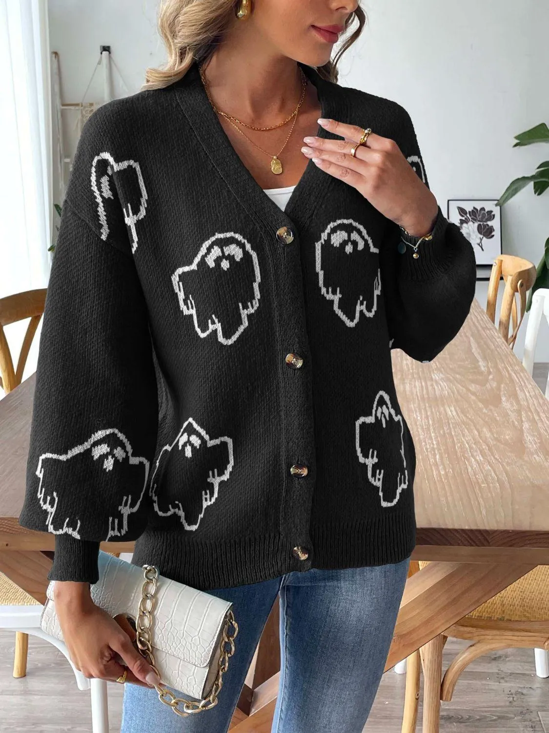 Knit Cardigan Animal Pattern V-Neck Dropped Shoulder Knitwear