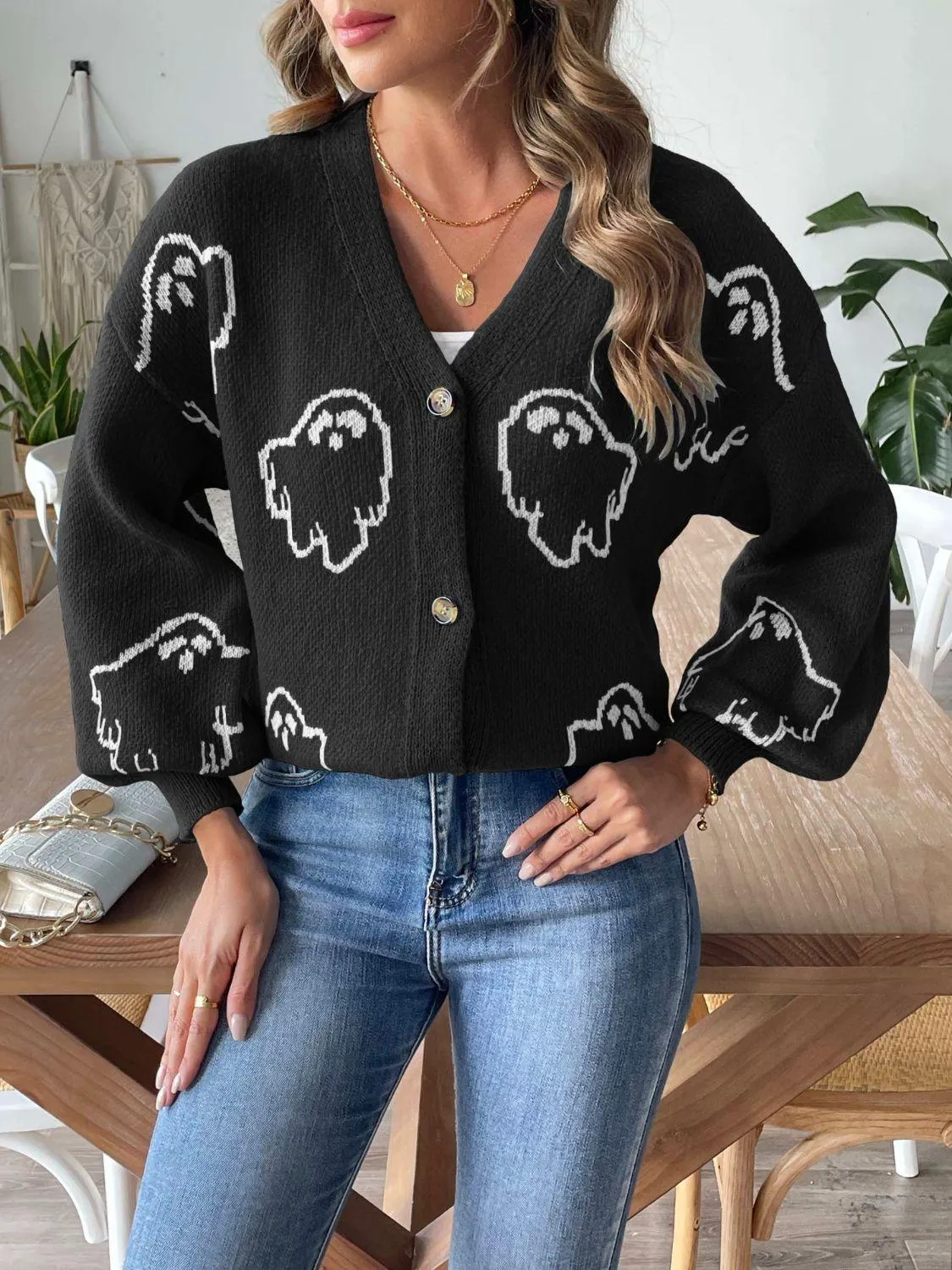 Knit Cardigan Animal Pattern V-Neck Dropped Shoulder Knitwear