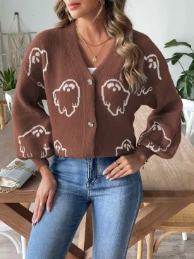 Knit Cardigan Animal Pattern V-Neck Dropped Shoulder Knitwear