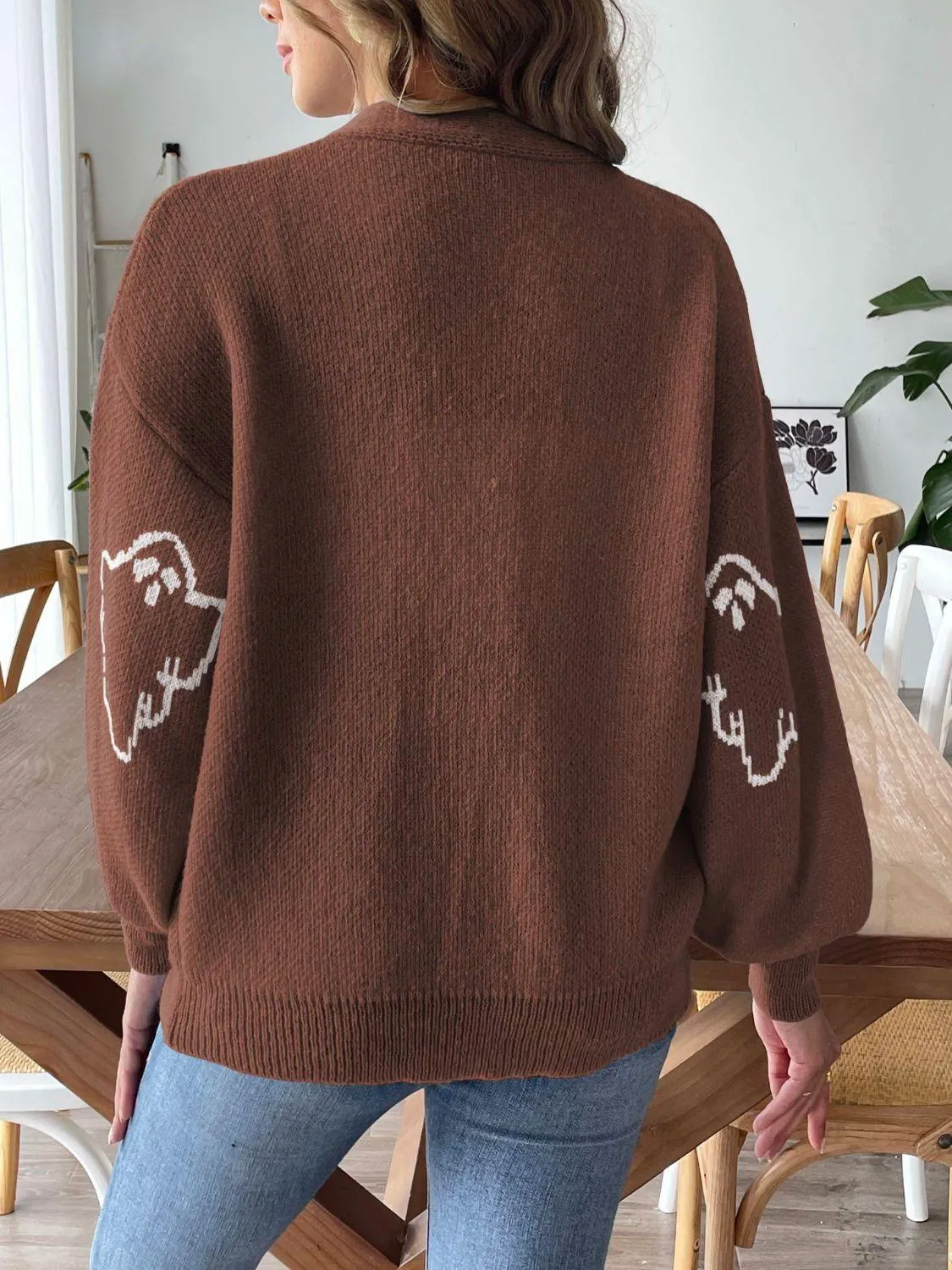 Knit Cardigan Animal Pattern V-Neck Dropped Shoulder Knitwear