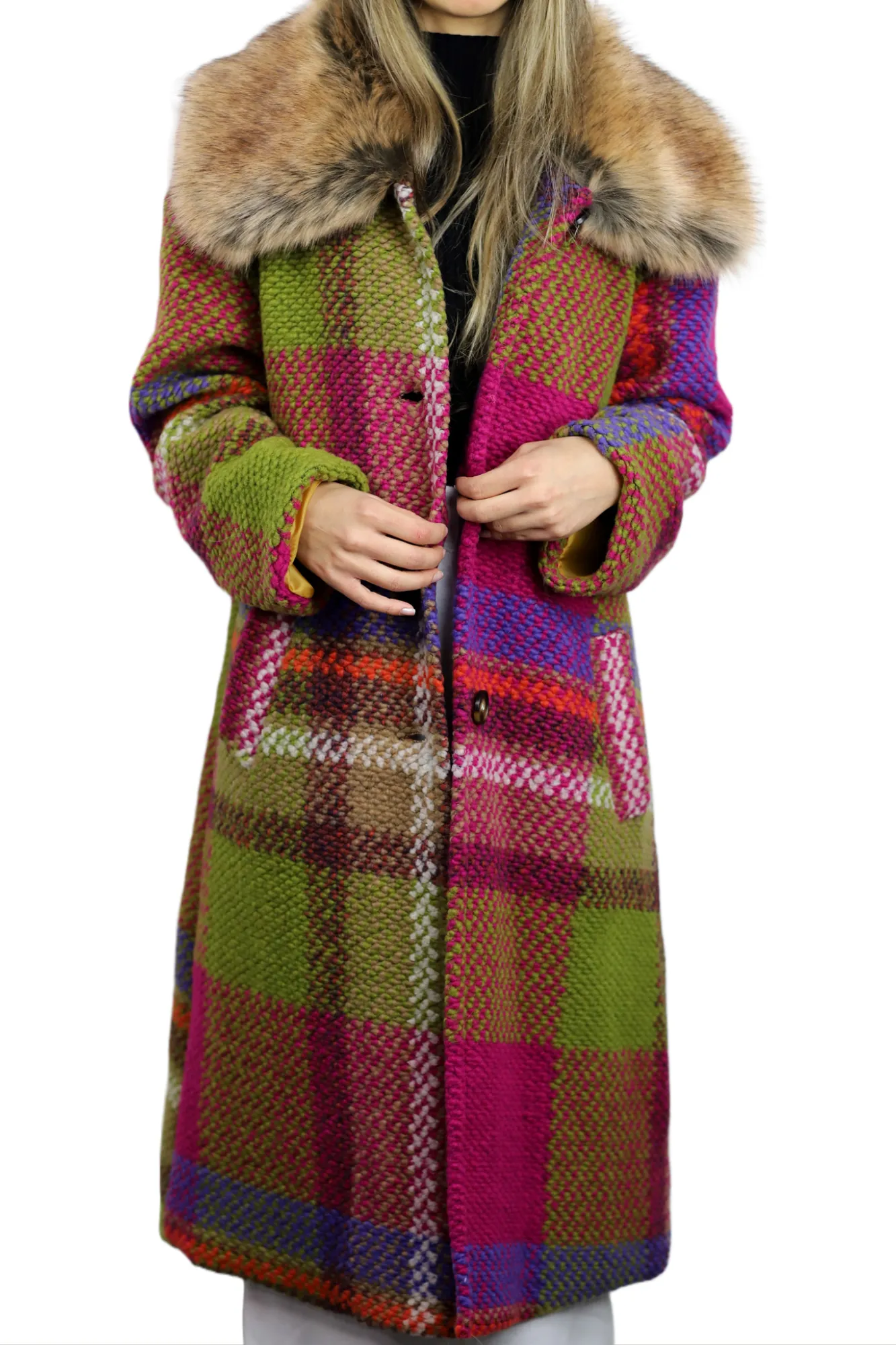 La Fiorentina Long Plaid Wool Coat w/ Faux Fur Trim - Fuchsia/Camel