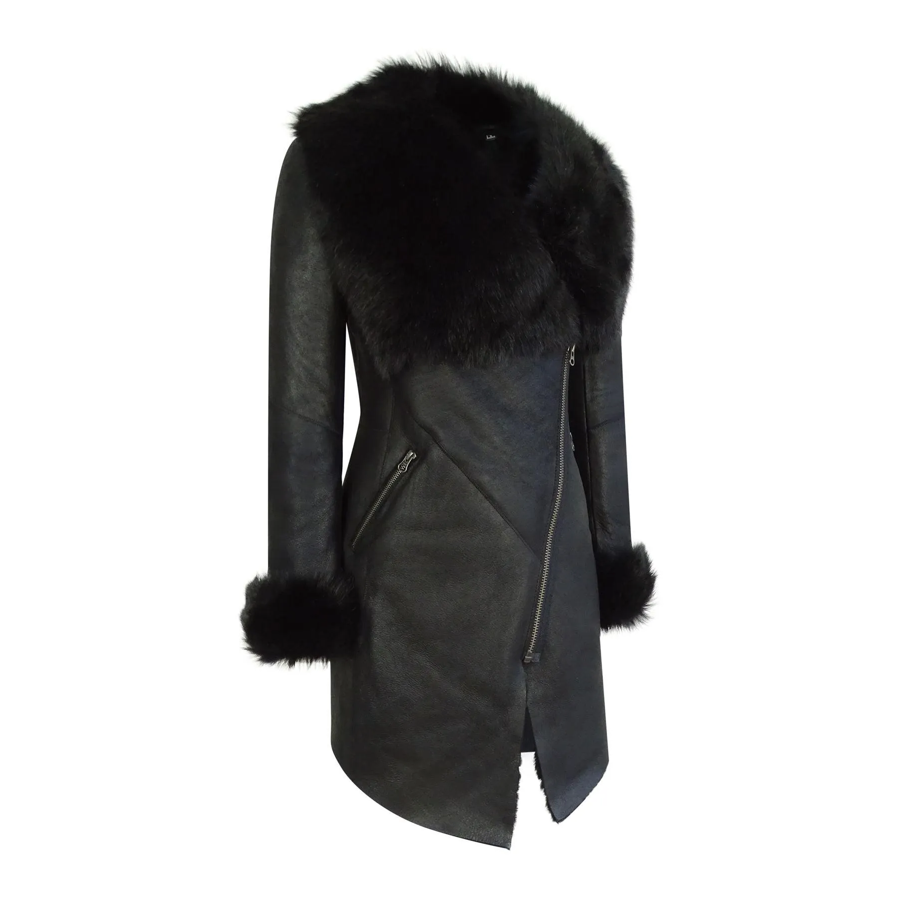 Ladies 3/4 Cross Zip Slim Fit Toscana Genuine Sheepskin Jacket Black Italian Leather