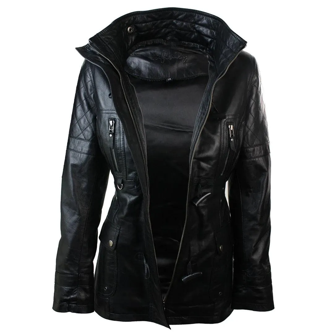 Ladies Real Leather Black Trench Mid Length Hooded Winter Retro Duffle Jacket