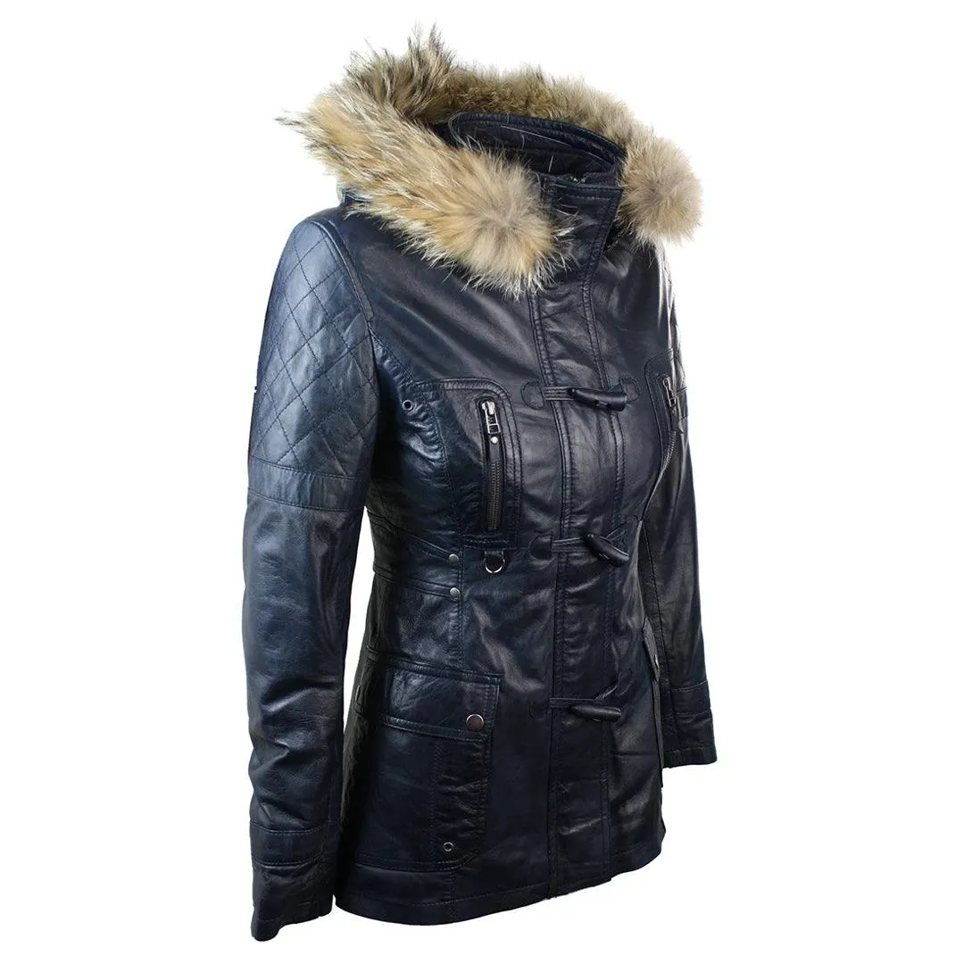 Ladies Real Leather Black Trench Mid Length Hooded Winter Retro Duffle Jacket