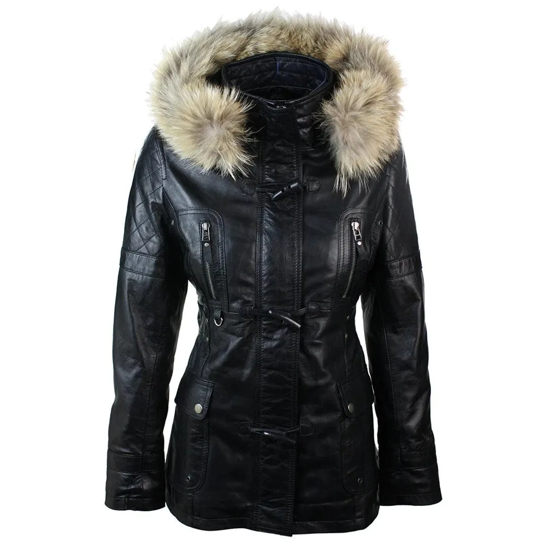 Ladies Real Leather Black Trench Mid Length Hooded Winter Retro Duffle Jacket