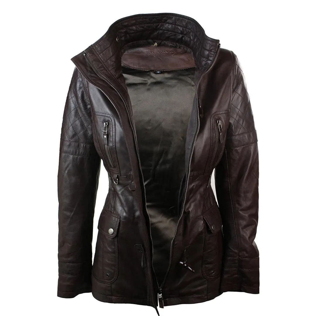 Ladies Real Leather Black Trench Mid Length Hooded Winter Retro Duffle Jacket