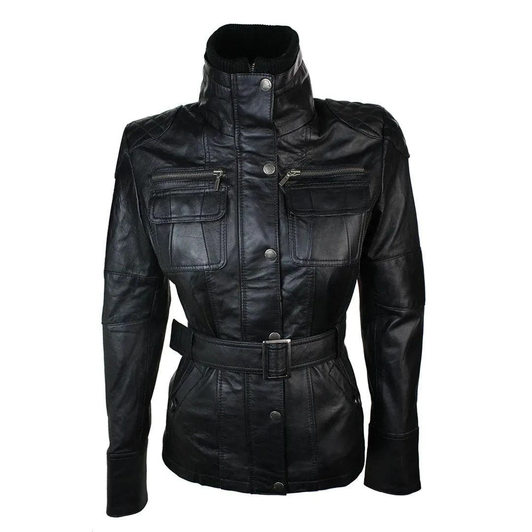 Ladies Women 100% Black Leather Jacket Coat Military Chinese Collar Vintage Slim